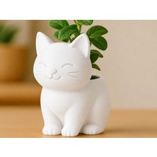 Bezos 3D Baskı Sevimli Kedi Saksı - Figürlü Sukulent Saksısı-Beyaz