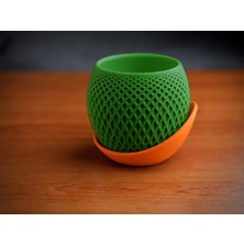 Bezos 3D Baskı Küre Saksı - Kafes Dokulu Iki Parçalı Dekoratif Saksı - Yeşil-Turuncu