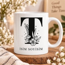 Ajans 313 Kişiye Özel Baş Harf ve Isim Yazılı Çiçek Motifli T Harfli Seramik Kupa Bardak