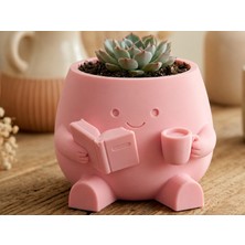 Bezos 3D Baskı Kitap Okuyan Saksı - Kupa Tutan Sevimli Saksı-Pembe
