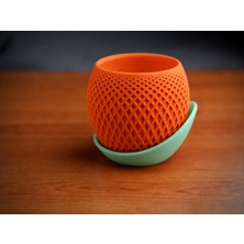 Bezos 3D Baskı Küre Saksı - Kafes Dokulu Iki Parçalı Dekoratif Saksı - Turuncu-Mint