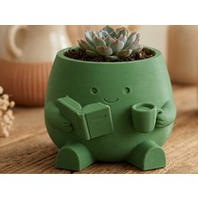 Bezos 3D Baskı Kitap Okuyan Saksı - Kupa Tutan Sevimli Saksı-Yeşil