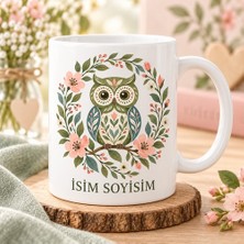 Ajans 313 Kişiye Özel Isimli Sevimli Baykuş ve Çiçek Tasarımlı Seramik Kupa Bardak