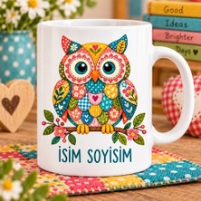 Ajans 313 Kişiye Özel Isimli Kırkyama (Patchwork) Desenli Rengarenk Baykuş Seramik Kupa Bardak