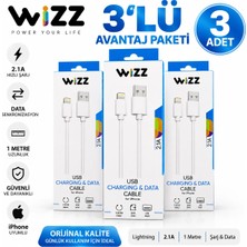 WiZZ 3’lü Lightning Şarj ve Data Kablosu 1 Metre 2.1A iPhone Uyumlu – 3 Adet