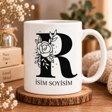Ajans 313 Kişiye Özel Baş Harf ve Isim Yazılı Gül Motifli R Harfli Seramik Kupa Bardak