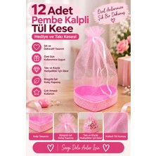 Yenilig 12 Adet Pembe Kalpli Tül Kese – Ipli Hediyelik ve Takı Kesesi – Dekoratif Kalp Tasarım