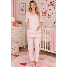 Quilling Bebe Pembe Renkli Dantel Detaylı, 33207 Kısa Kol, 2 Parça Lohusa Hamile Pijama Takımı
