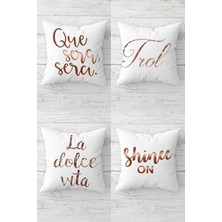 Pelangi La Dolce Vita Shine On Yazılı Gizli Fermuarlı Kırlent Kılıfı Koltuk Yastık Kılıfı TAKIM(4ADET), Beyaz-Rose Gold 45 x 45