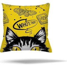 Pelangi Meraklı Kedi Çift Tarafı Baskılı Gizli Fermuarlı Yastık Kılıfı Kırlent Koltuk Yastık Kılıfı, Sarı-Siyah 43 x 43