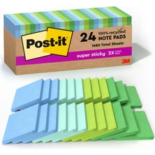 TeknoKapsül POST-IT%100 Geri Dönüşümlü Kağıt Süper Yapışkan Notlar, 2x Yapıştırma Gücü, 3x3 Inç, 24 Ped, 70 Yaprak/ped, Oasis Koleksiyonu (654R-24SST-CP)