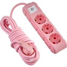 Mey İthalat 3'lü Anahtarlı Grup Priz, 5 Metre, 16A 250V, Üçlü Topraklı Uzatma Kablosu, Pembe