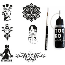 Mey İthalat Mandala Fitness Likit Kalem Uçlu Siyah Geçici Dövme Seti, Fırça ve Şablon Hediyeli