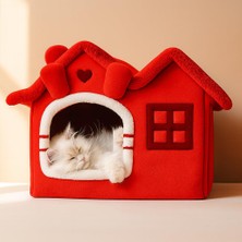 Mey İthalat Kırmızı, Minderli ve Katlanabilir Peluş Kedi Evi Yatağı