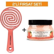 Mey İthalat Profesyonel 3 Boyutlu Saç Fırçası ve Face&body Peeling Scrub Yüz Maskesi Çilek 350 ml 2'li Set Pembe