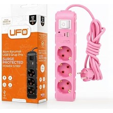 Mey İthalat Yeni 3'lü Akım Korumalı Grup Priz, 1,5 Metre Bakır Kablolu, 5V 2,4A USB ve Type-C, Anahtarlı Topraklı Priz, 16A 250V, Max 3500W, Sürekli Koruma, Pembe, 1,5m
