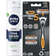 Mey İthalat Erkek Hassas Tıraş Köpüğü 200 ml + Hybrid 5 Flex Erkek Tıraş Bıçağı 1 Sap ve 2 Yedek Başlık (5 Bıçak)
