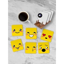 Mey İthalat PSTER21282 Emoji Yüzler Standlı Ahşap Bardak Altlığı Seti, 6 Adet Baskılı Bardak Fincan Kahve Altlığı