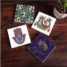 Mey İthalat Hayat Ağacı; Fatma Ana Eli (Hamsa), Şahmeran Taş Bardak Altlığı Seti, 4 Parça, Dekoratif, Rustik Mutfak Aksesuarı, 10X10 Cm, Kaydırmaz Tabanlı, ve Dayanıklı SC489