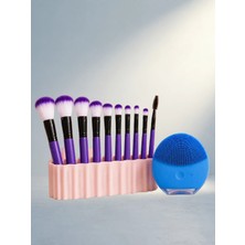 TKÇ Mor Makyaj Fırça Seti ve Silikon Yüz Temizleme Cihazı 12'li Set