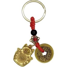 Mey İthalat Maneki Neko Metal Anahtarlık, Çin Feng Shui Şans ve Bereket Parası