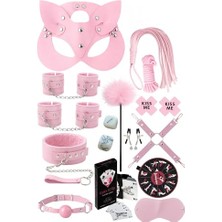 Mey İthalat 15 Parça Pembe Fantezi Set, Kedi Maskesi, Kelepçe, Kamçı, Oyun Kartları, Tüy Tickler ve Göz Bandı Dahil