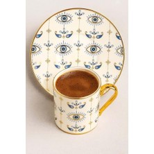 Mey İthalat Altın Yaldızlı Nazar Göz Desenli 6 Kişilik Porselen Fincan Takımı 12 Parça Şık Sunum Seti Evil Eye
