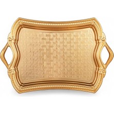 Mey İthalat Osmanlı Motifli Dikdörtgen Metal Servis Tepsisi Kulplu 2 Kişilik Sunum Tepsisi, 37 x 23 Cm, 373 G, Gold ve Gümüş Renk Seçeneği (Altın Sarısı)