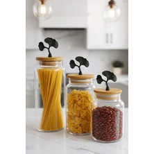 Mey İthalat 3'lü Şeffaf Cam Kavanoz Seti, Bambu Kapaklı, Mat Siyah Ginkgo Figürlü, 635/890/1400 ml