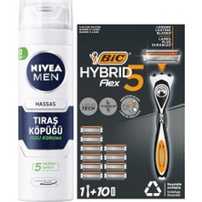 Mey İthalat Erkek Hassas Tıraş Köpüğü 200 ml + Flex 5 Hybrid Tıraş Bıçağı Seti 1 Gövde + 10 Yedek Başlık 5 Bıçaklı Erkek Tıraş Bıçağı
