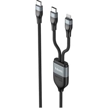 Mey İthalat Çift Uçlu Type-C - Lightning ve Type-C Şarj Kablosu, 100W, Örgü Tasarım, 1.2 Metre, Siyah