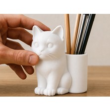 Kentex 3D Baskı Kedi Figürlü Kalemlik - Masaüstü Organizer - Beyaz