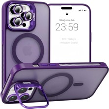 Happy Trend iPhone 15 Pro ile Uyumlu Magsafe Wireless Şarj Özellikli Kamera Standlı Lüks Mat Silikon Kılıf [lens Koruyucu Hediyeli] (Mor, iPhone 15 Pro)