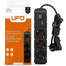 Mey İthalat Yeni 3'lü Akım Korumalı Grup Priz, 1,5 Metre Bakır Kablolu, 5V 2,4A USB ve Type-C, Anahtarlı Topraklı, 16A 250V, Max 3500W, 1,5m, Siyah