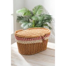 Mey İthalat Kapaklı Oval Rattan Piknik Sepeti, Vintage ve Dantelli, 9T13 U/5