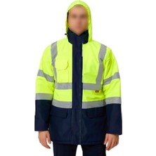 Mey İthalat Cepli Reflektif L Beden Fosforlu Fermuarlı Kaban, Kapüşonlu Parka, Sarı Lacivert