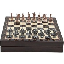 Mey İthalat Orta Boy Metal Roma Satranç Takımı, Sandıklı Ceviz Desenli Mdf Tahta, 36X36X6 cm
