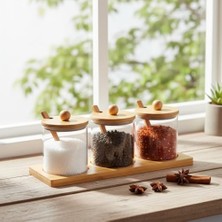 Mey İthalat Bambu Standlı Kaşıklı 3 Parça, 3'lü Cam Baharatlık Seti