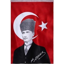 Mey İthalat Lona Sanat Türk Bayrağı Kalpaklı Atatürk Posterli Saten Türk Bayrağı K.atatürk Imzalı Türk Bayrağı 70X100