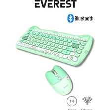 Mey İthalat KM-6285 Catty Mini Yeşil Q Klavye ve Mouse Seti, Bluetooth Kablosuz, Ultra Sessiz