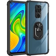 Happy Trend Xiaomi Redmi Note 9 Kılıf Şeffaf Silikon Mıknatıslı Yüzük Standlı Kapak Mola Siyah