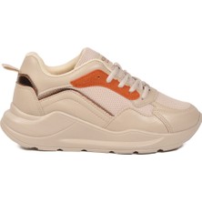 Grijak Bej Fileli Bağcıklı Kalın Tabanlı Kadın Yürüyüş ve Spor Ayakkabı Sneaker 051 (Y)