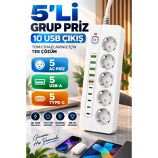 Isıya Dayanıklı Power Tuşlu 5'li Grup Priz 5x USB 5x Type-C Çıkışlı Priz 2 mt Kablolu