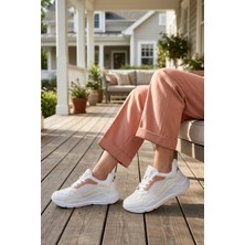 Grijak Beyaz-Pudra Fileli Bağcıklı Kalın Tabanlı Kadın Yürüyüş ve Spor Ayakkabı Sneaker 051 (Y)