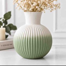 Dekoratif Nervürlü Yuvarlak Vazo – Yeşil Beyaz – 20 cm
