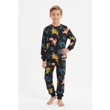 Pistyle Erkek Çocuk Dinozor Desenli %100 Pamuk Reaktif Boyalı Süprem Kumaş Uzun Kollu Pijama Takımı