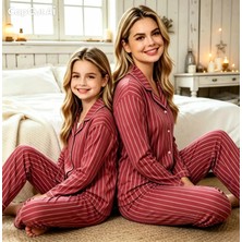 NiCe İç Giyim Anne Kız Uyumlu Pijama Takımı Çizgili Uzun Kollu Önden Düğmeli Gömlek Yaka Bordo Renk ( Ayrı Satın Alınır )