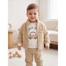 Deniva Kids Beep Beep Baskılı 3'lü Takım - Yumuşacık Sherpa Ceket ve Eşofman Altı
