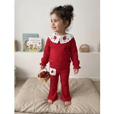 Deniva Kids Kız Çocuk Kırmızı Dantel Yaka Çilek Işlemeli Kaşkorse Ispanyol Paça Ikili Takım