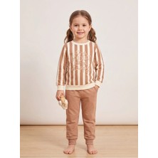 Deniva Kids Çocuk Kahverengi Çizgili Baskılı Pamuklu Sweatshirt ve Eşofman Altı Ikili Takım